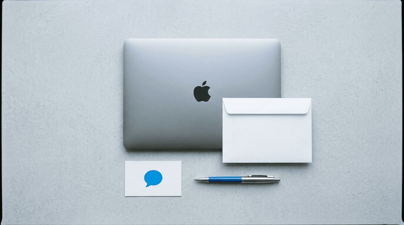 Laptop, an envelope, and a card with a message icon, in gray and blue tones.