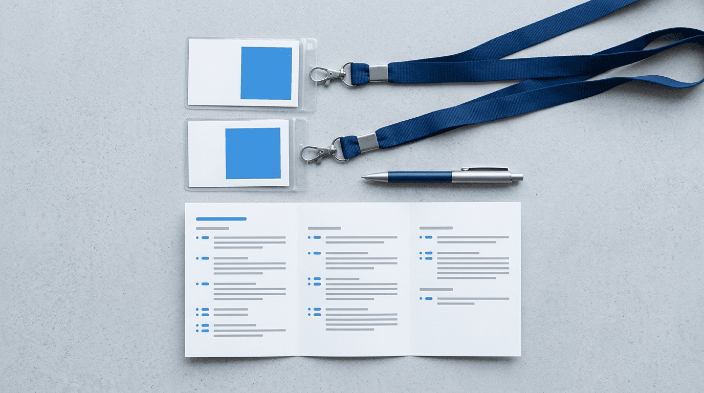 Name badges, a pen, and a printed agenda with blue geometric icons, in gray and blue tones.