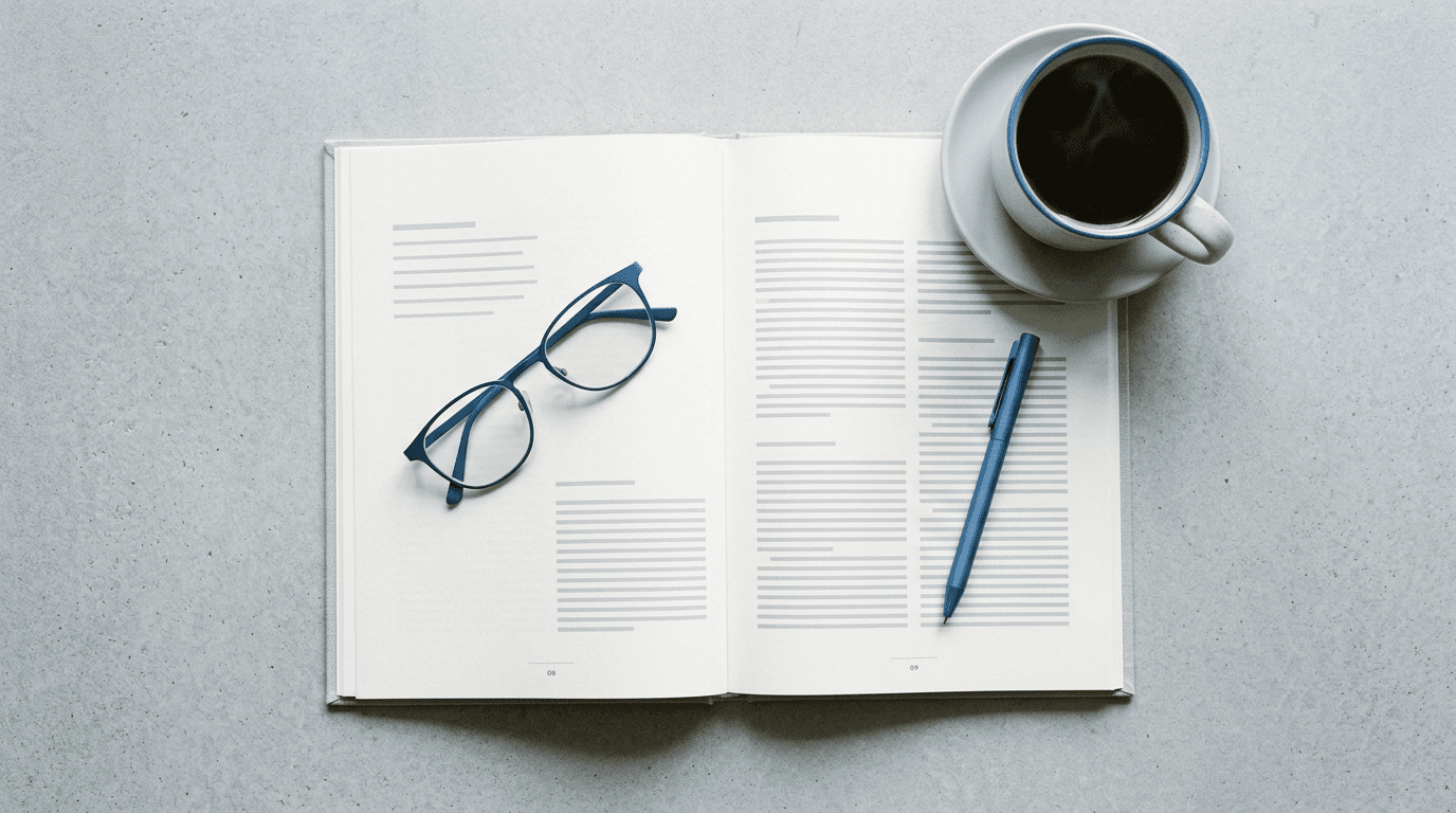 Open book with reading glasses, a cup of coffee, and a pen, in gray and blue tones.