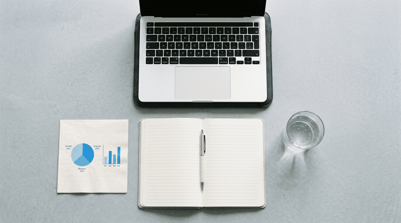 Minimalist desk with a laptop, notebook, and documents with charts, in gray and blue tones.