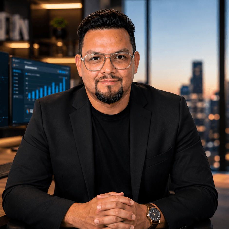Editorial portrait of Miguel Humbria with the city skyline at dusk in the background