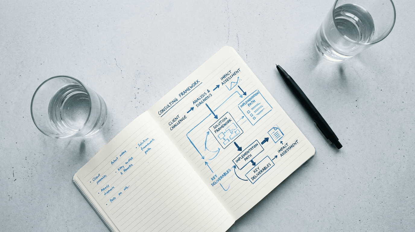 Open notebook with a hand-drawn strategy diagram, two glasses of water, and a pen, in gray and blue tones.